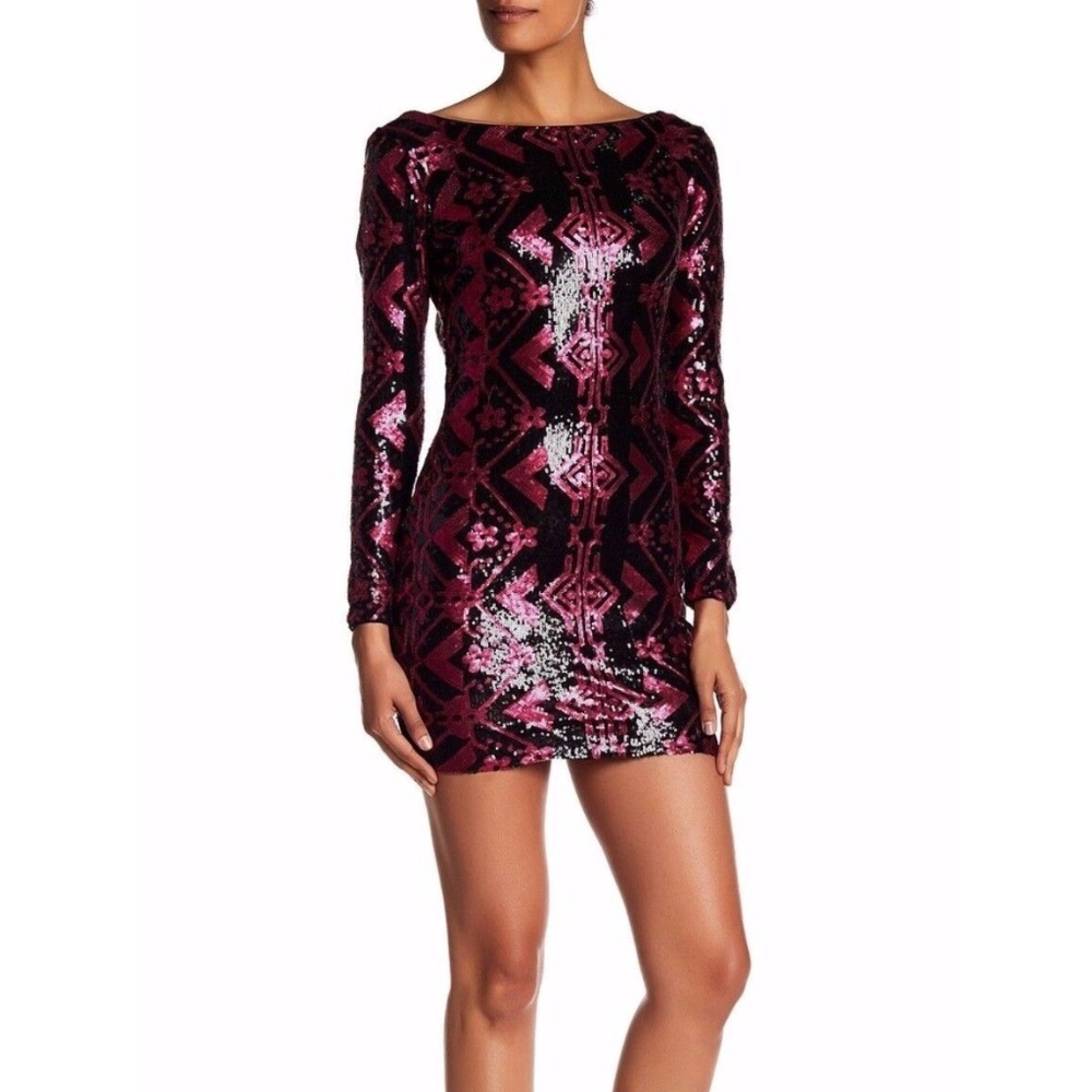 NEW Dress‎ the Population 'Lola' Sequined Minidress Black-Fuchia [SZ Large ]